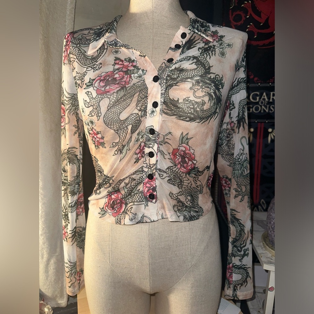Mesh dragon button up crop top